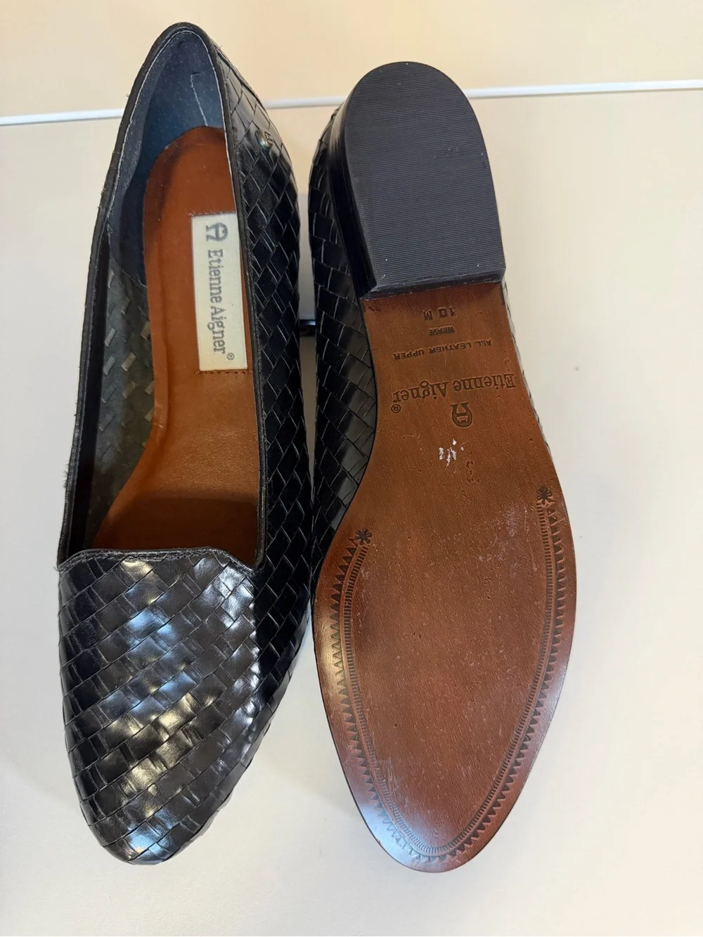Etienne Aigner Black Woven Weave Leather Slip-On Flats 10M VTG Academia